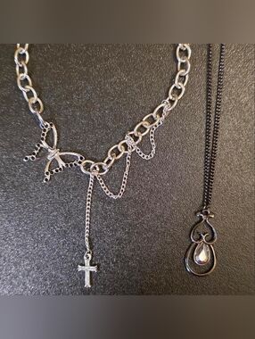 Icing Silver-Tone Butterfly & Cross Charm Necklace & Black Necklace w/Charm